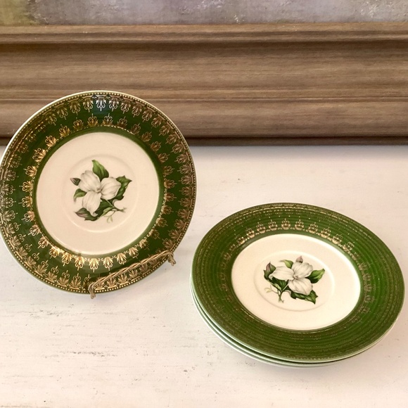 4 saucers American Limoges L'Triomphe Trillium Forest Green Dinnerware 22K Gold - Picture 6 of 9